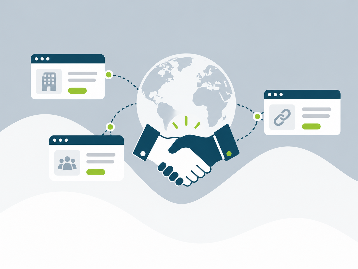 Illustration eines Partnernetzwerks mit verbundenen Websites und Organisationen