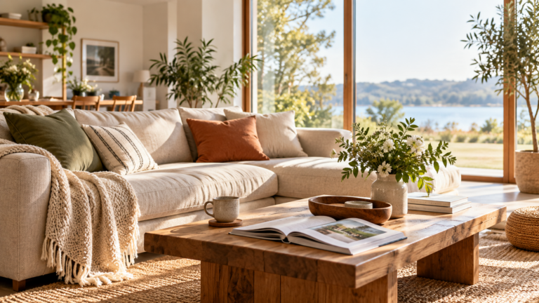 Gemütliches Wohnzimmer mit hellem Sofa, Holztisch und Pflanzen im natürlichen Tageslicht