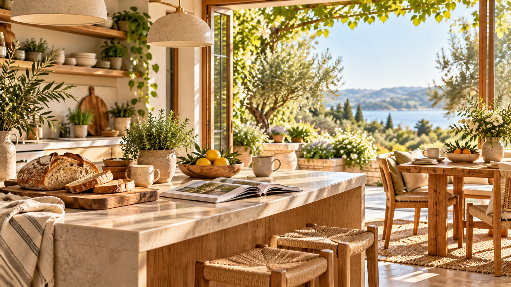 Helle Küche mit frischem Brot, Kräutern, Frühstückstisch und Blick auf einen grünen Garten