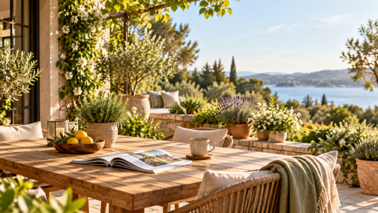 Sonnige Gartenterrasse mit Holztisch, Kräutern, Blumen und Blick auf die Landschaft